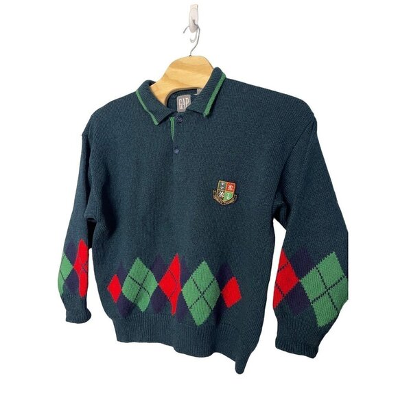Vintage Gap Sweater Mens L Green Argyle 100% Wool World Classic Collared Preppy - Picture 1 of 10